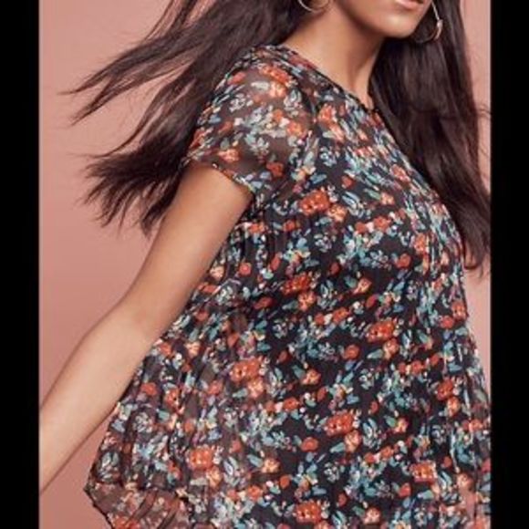 41. Eva Franco Anthropologie Peasant Floral Blouse Pleated Polyester Semi Sheer - Picture 3 of 8
